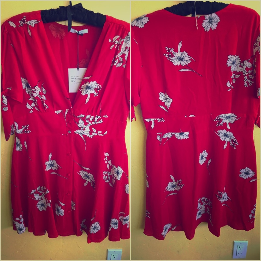 Red floral button up sundress.